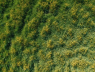 Obraz premium Aerial drone view of green meadow with small yellow flowers. Top down shot shows summer landscape in countryside. Sunny day over rural farmland with grass, wild blooms. Natural background of spring