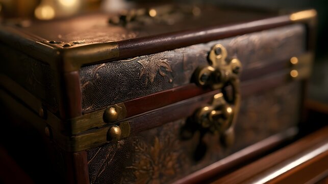 Close up of an ornate antique trunk with brass fittings and embossed leather detailing under warm lighting