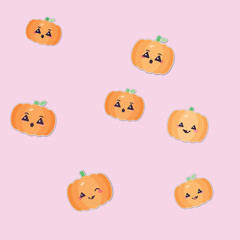Obraz premium Cute orange pumpkin stickers with funny faces on pink background for halloween decoration