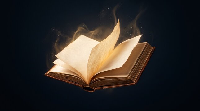 Magical glowing open book with floating pages, mystical gold light and smoke effects, ancient leather bound volume on dark background, fantasy storytelling concept