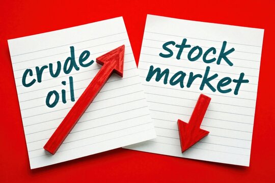 Crude oil prices rise stock market falls on red background. Handwritten text on paper notes with red arrows shows economic crisis. Financial instability concept with inflation, energy cost increase,