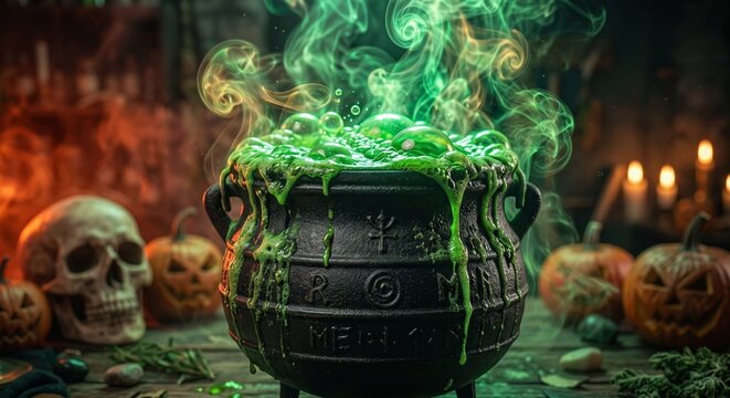 Witch cauldron with bubbling green potion, spooky Halloween scene with pumpkins and skull, mystical smoke and glowing light in dark apothecary, cinematic fantasy horror photography