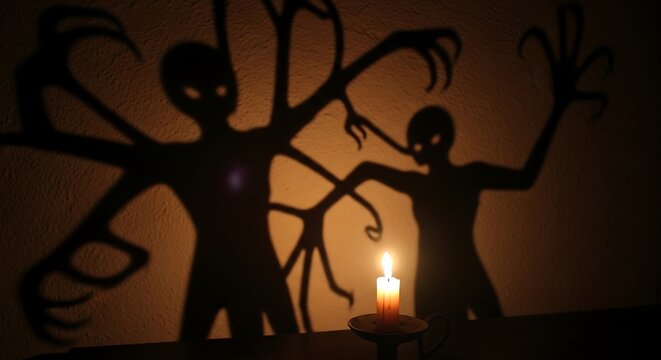 Shadow puppets of spooky monsters cast on a wall by a single lit candle.