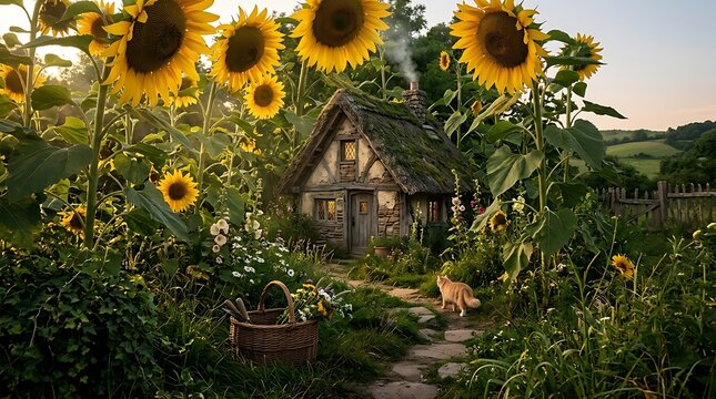 Small cat walking on a stone path in a garden filled with sunflowers near a rustic cottage at sunset