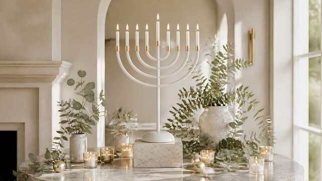 Modern menorah with lit candles on a stylish indoor table