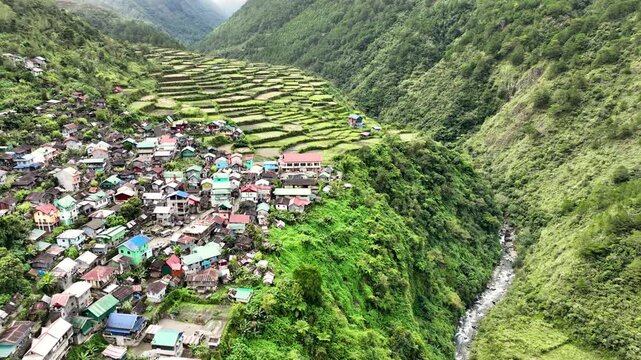 Aerial shot of the amazing terraced rice paddies in the mountains near the small town of Bayyo in the Philippines.