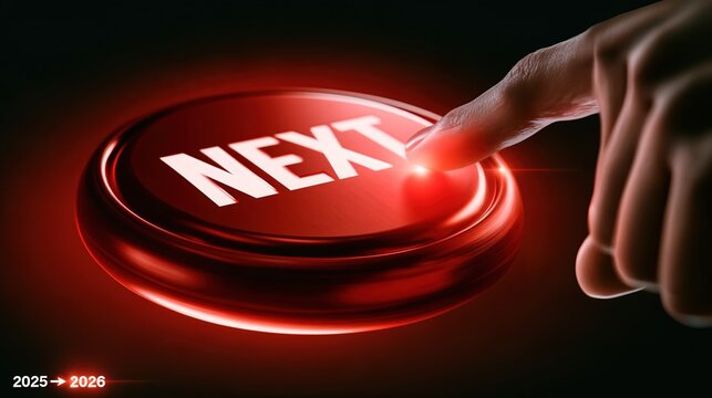 Finger pressing a glowing red NEXT button, symbolizing progress, future, and moving forward into the next phase