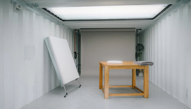 Minimalist workspace with a wooden table and whiteboard in a bright room.