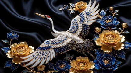 Fototapeta premium Ornate white crane flies among gold, blue flowers. Elegant bird with blue, gold patterns decorates dark silk fabric. Luxury oriental style textile art features blossom motifs, detailed embroidery.