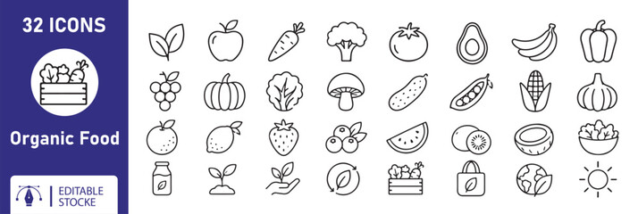 32 Organic Food Vector Outline Icons Set – Fruits, Vegetables, Healthy Eating and Natural Grocery Line Symbols Collection © Jasmin
