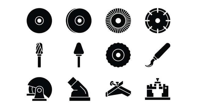 Collection of various black and white icons for machining tools and equipment