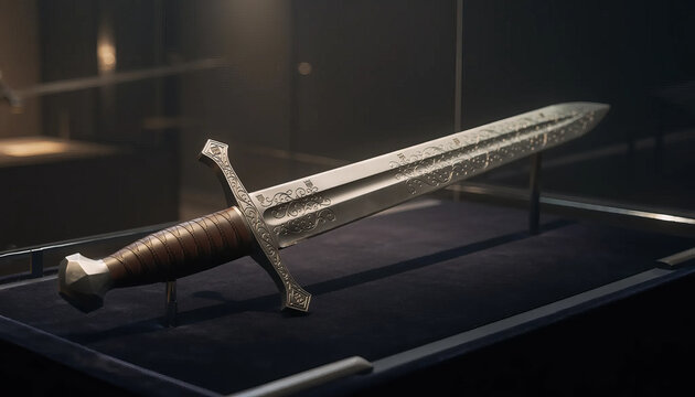 Ornate sword with intricate engravings on display in a museum.