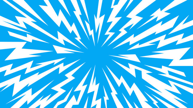 Electric cyan blue and white comic lightning bolt pattern with jagged zigzag shockwave rays for anime action game banner and dynamic poster