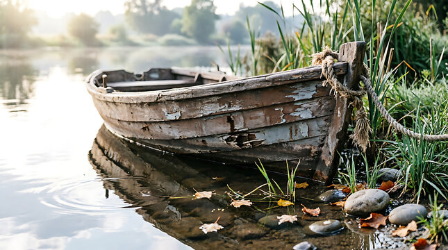 Old Wooden Fishing Boat Resting on the River Shore, Rustic Vessel in a Peaceful Natural Landscape with Greenery, Water, Sky and Coastal Summer Scenery