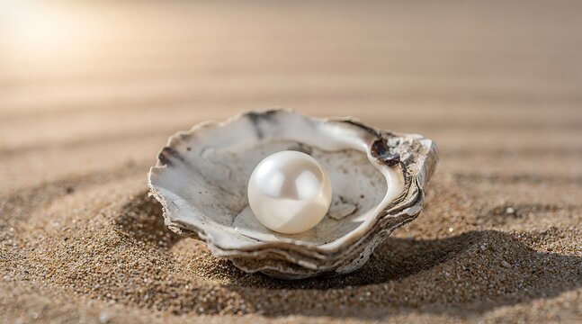 Natural white pearl rests inside an open oyster shell lying on sand at a sunny beach.