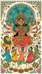 Fototapeta premium Goddess Durga sitting majestically on her powerful lion with multiple arms holding traditional sacred weapons while joyous devotees dance rhythmically to celebrate 