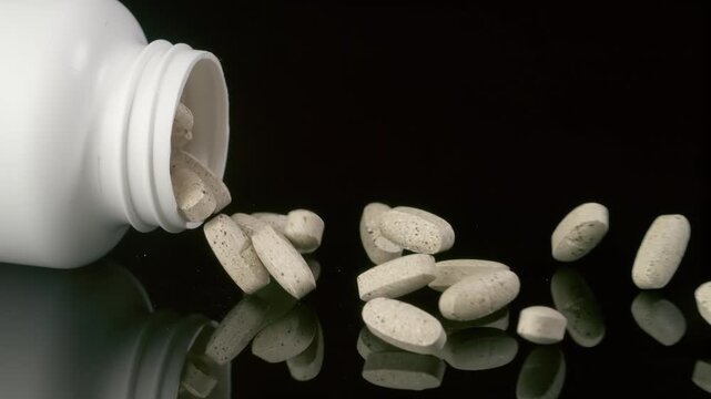 Vitamins and supplements spill in slow motion.