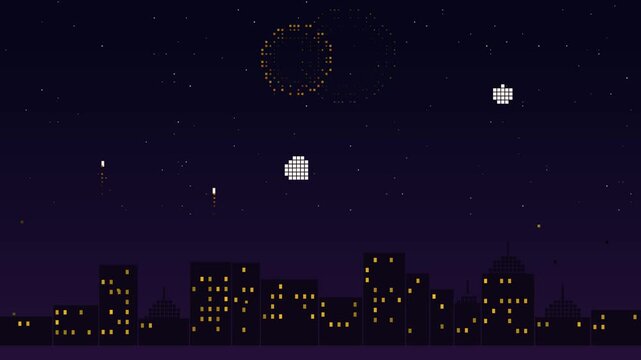 Colorful pixel art fireworks bursting over a dark city skyline at night, 8 bit arcade style festival sky scene
