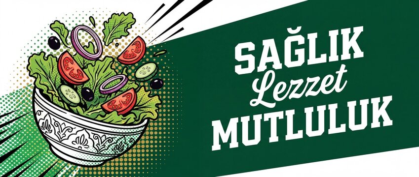 Fresh salad bowl pop art vintage comic illustration with flying vegetables, halftone pattern, green banner template for healthy food diet menu advertisement with Turkish text health flavor happiness.