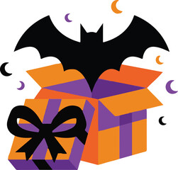 Obraz premium A spooky black bat flying out of an open orange and purple halloween gift box with a bow