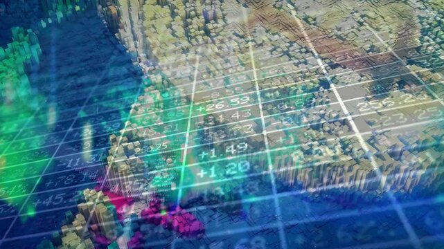 3D pixelated golden Bitcoin landscape overlaid with a financial data grid and numbers, symbolizing cryptocurrency mining, blockchain technology, decentralized finance, and digital asset trading.