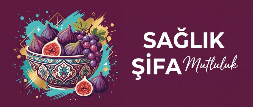 Fresh fig grapes fruit bowl illustration with Turkish text saglik sifa mutluluk health healing happiness concept vector artwork background banner template for healthy food wellness organic lifestyle