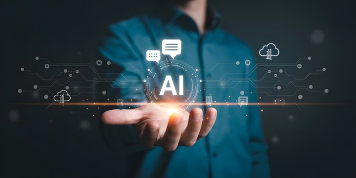 Artificial intelligence innovation and future technology concepts displayed with digital icons and circuits