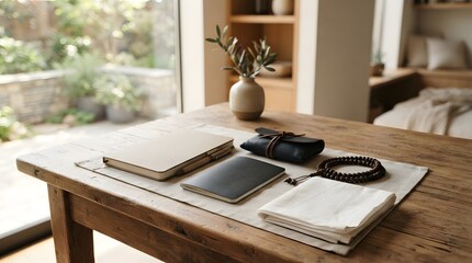 Obraz premium Creative workspace with notebooks glasses and a vase on a rustic wooden table near a window