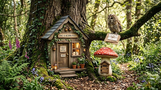 Tawny owl perched on a tree branch next to a miniature wooden fairy house in a forest setting