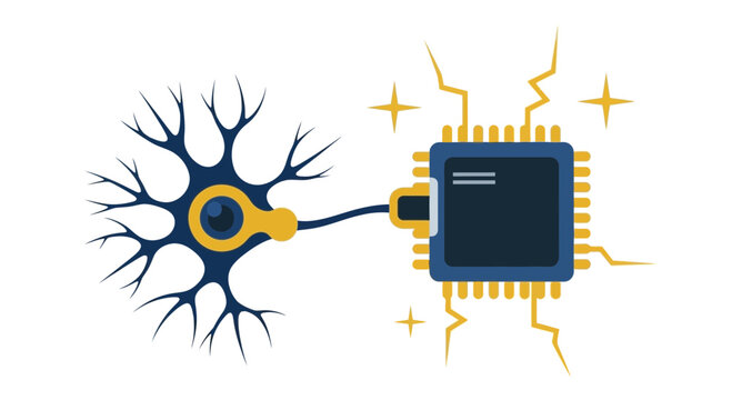 Brain-Computer Interface Illustration: Human Neuron Connected to Microchip Representing Neurotechnology and Artificial Intelligence Concept