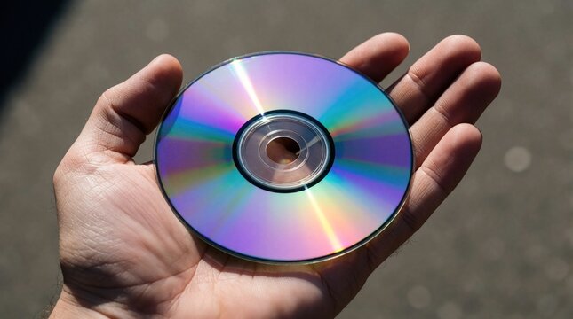 Close up of human hand holding shiny compact disc. Person shows silver cd with iridescent rainbow colors. Digital media storage object for music data software in palm. Retro tech device used for