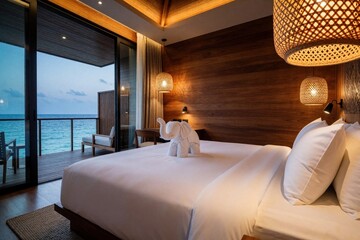 Fototapeta premium Modern hotel bedroom with white bed, towel elephant on mattress. Luxury villa suite features wood walls, woven lamps. Large sliding glass door opens to private wooden balcony overlooking calm blue