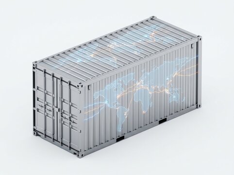 Cargo containers with trade routes, international trade, isolated on white background