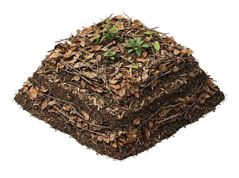 Carbon compost pile with leaves, sustainable agriculture, isolated on white background