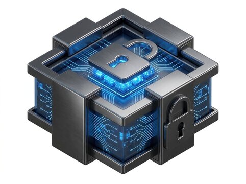 Encrypted network nodes, data protection, isolated on white background