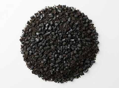 Biochar granules with soil, soil enrichment, isolated on white background