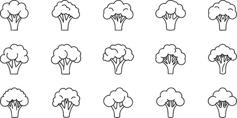 Obraz premium Broccoli vegetable vector line icons pack displaying different head shapes and stalk details for healthy food packaging nutrition guides and grocery store branding.