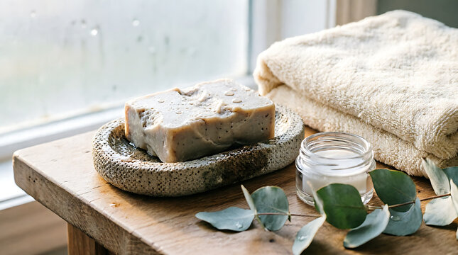 Spa Still Life with Soap and Rolled Towels, Clean White Bathroom Essentials, Relaxing Wellness and Self Care Concept