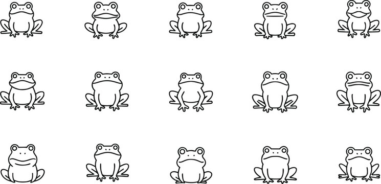 Simple black outline frog illustrations displaying various expressions and sitting poses for educational materials or nature themed children book graphic design.