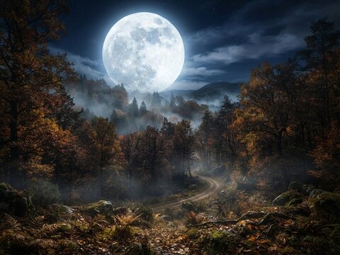 Dramatic October night landscape, enormous glowing full moon above a quiet autumn forest
