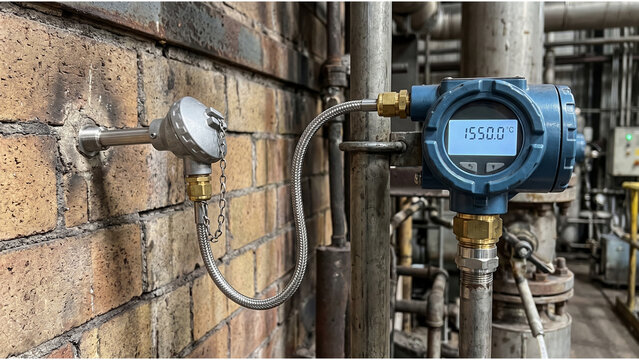 On-site industrial Type R thermocouple sensor with Form B connection head installed on refractory furnace wall connected to remote smart digital temperature transmitter reading 1550.0 C in steel mill