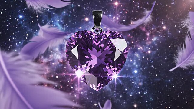 Magnificent Purple Crystal Heart with Angelic Wings Floating Amid Cosmic Nebulae