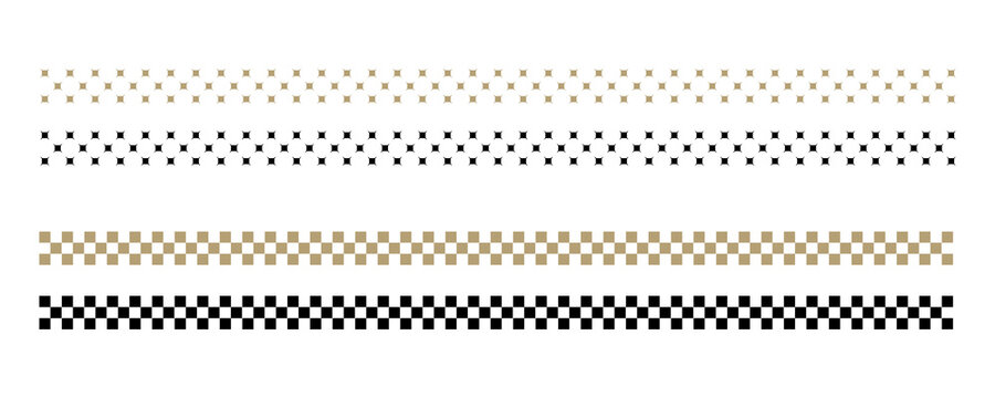 Seamless pixel art borders set with different color combinations and checkerboard patterns on transparent background.