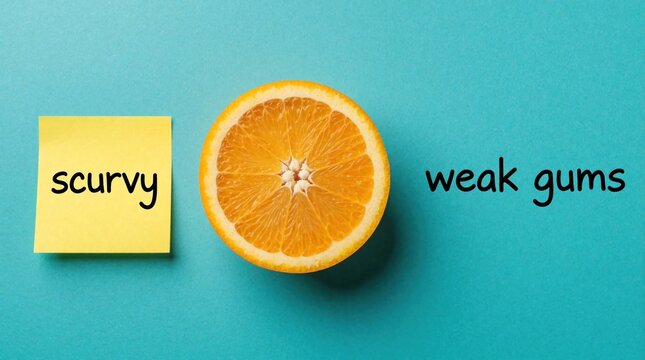 Fresh orange slice on blue background with sticky note, text. Yellow paper says scurvy text weak gums explains symptoms. Concept shows vitamin C deficiency, health issues. Macro shot of citrus fruit