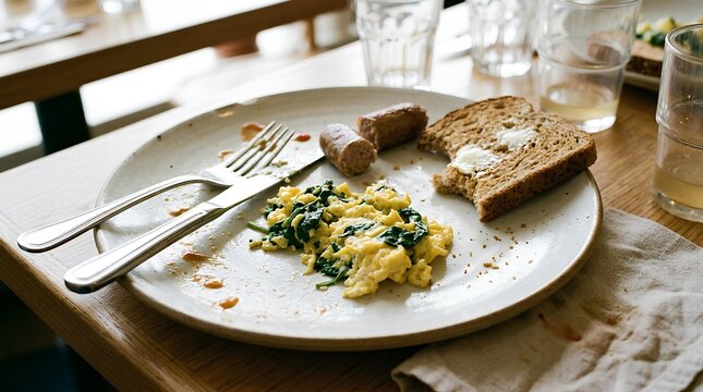 Half Eaten Breakfast Plate with Scrambled Eggs Spinach Sausage and Toast