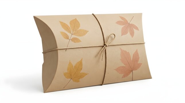Minimalist Autumn Kraft Paper Pillow Box Package Tied with Natural Twine String Isolated on White Background