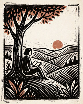 Reading in the countryside at sunset