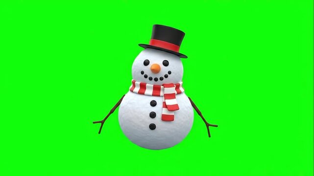 Snowman with a top hat and striped scarf on a green screen. Suitable for Christmas videos, winter promos, holiday themes, and chroma keying.