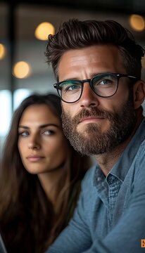 Professional man and woman collaborating while reviewing their finances at bright modern home office