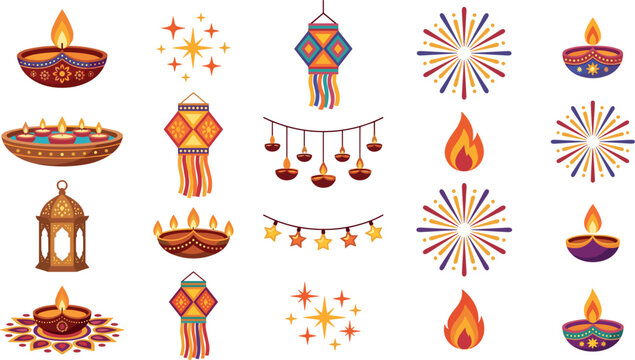 raditional glowing oil lamps and festive fireworks for seasonal celebration graphics